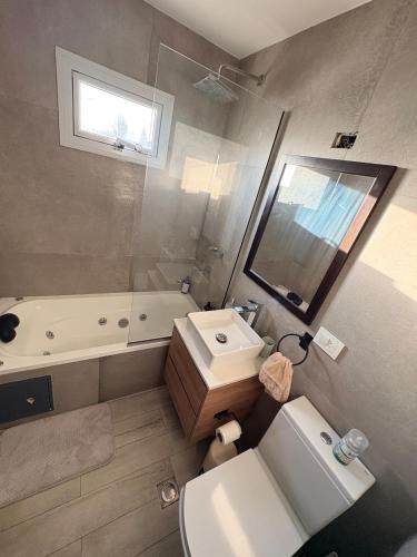 a bathroom with a sink and a tub and a toilet at Athlon Apartment in Río Gallegos