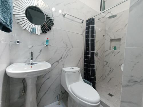 Un baño con inodoro, lavabo y espejo. en Alameda Suites & CAS - Centro Monterrey, en Monterrey