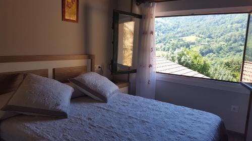ein Schlafzimmer mit einem Bett und einem großen Fenster in der Unterkunft Camino de la Torre in Quintana de Soba
