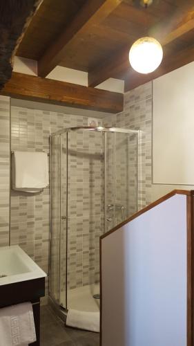 a bathroom with a shower and a sink and a tub at Camino de la Torre in Quintana de Soba