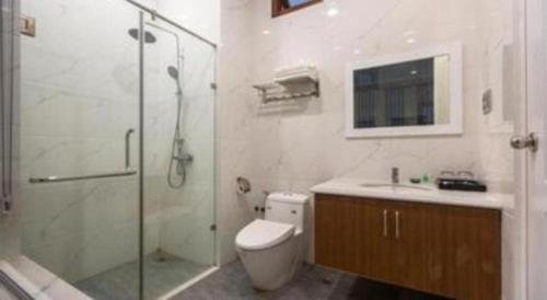 a bathroom with a shower and a toilet and a sink at Hoang Hung Hotel in Hanoi