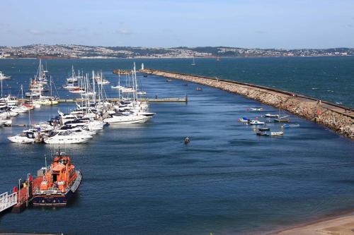 an aerial view of a marina with boats in the water at Devoncourt Devoncoast SeaView Apartments in Brixham