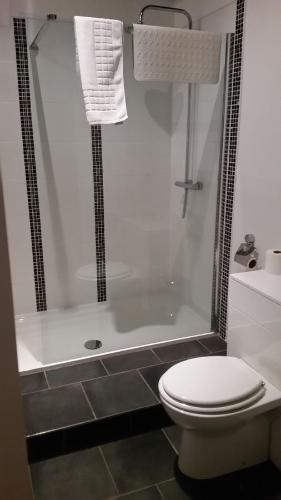 a white bathroom with a toilet and a shower at The City Arms in Wells