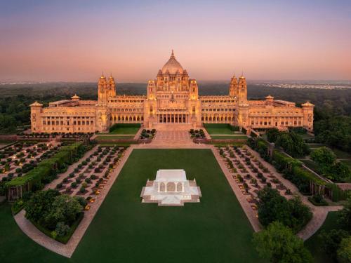 an aerial view of the palace of parliament at sunset at Umaid Bhawan Palace Jodhpur in Jodhpur
