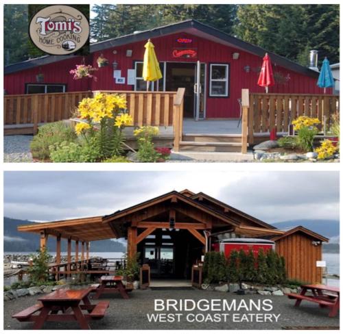 a red building with a picnic table in front of it at The Great Escape - Port Renfrew in Port Renfrew