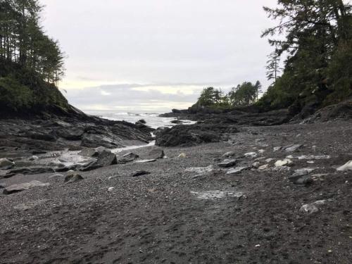 a rocky beach with rocks and the ocean at The Great Escape - Port Renfrew in Port Renfrew