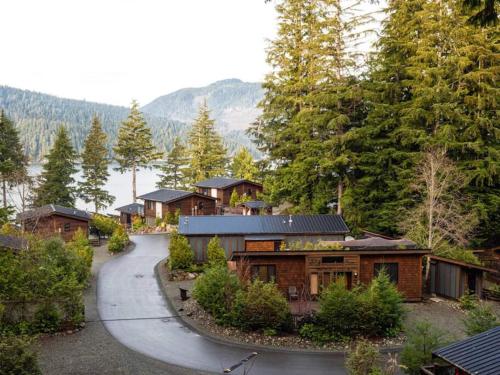 an aerial view of a house in the woods at The Great Escape - Port Renfrew in Port Renfrew
