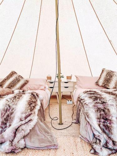 a bedroom with two beds in a tent at Aura Glamping Bell Tent in Eumundi