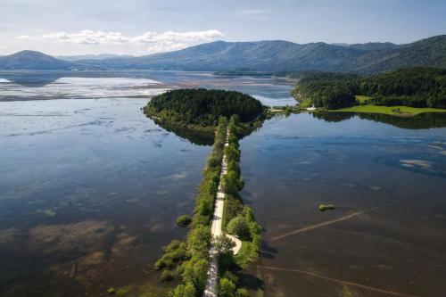 an island in a river with trees in the water at Oblak Estate in Rigelj pri Ortneku
