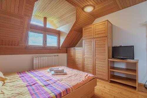 a bedroom with a large bed and a tv at Oblak Estate in Rigelj pri Ortneku