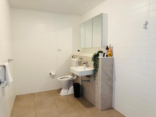 MerrylandsにあるMerrylands 2bedrooms Apt with free car parkingのトイレ、洗面台、鏡を備えたバスルーム