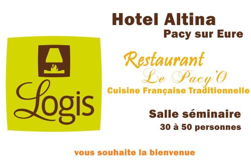 two labels for a hotel atlia pay our cue restaurant be pray and prayo at Logis Hotel Altina in Pacy-sur-Eure