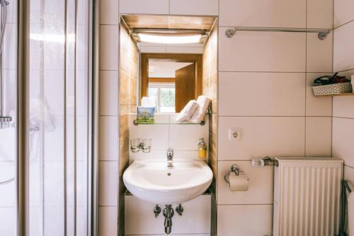 a bathroom with a sink and a mirror at Landhaus Perktold in Nesselwängle