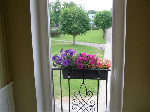 a window with a flower box on a balcony at Otepää Apartments in Otepää