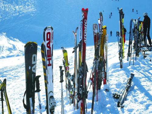 a bunch of skis and snowboards in the snow at Apartment in Fusch an der Glocknerstraße in nature in Fusch an der Glocknerstraße