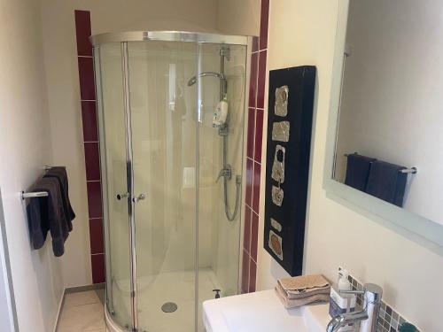 a glass shower in a bathroom with a sink at Ruapehu country lodge in Ohakune
