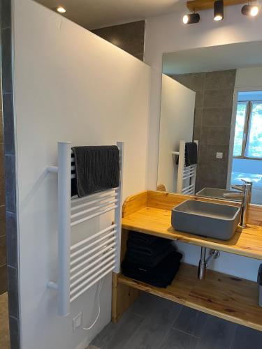 un bagno con lavandino e specchio di Appartement indépendant a Caussols