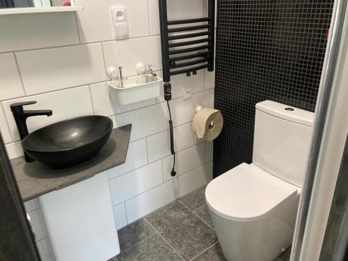 a bathroom with a white toilet and a sink at KuK Račice - pokoj s malou terasou in Račice