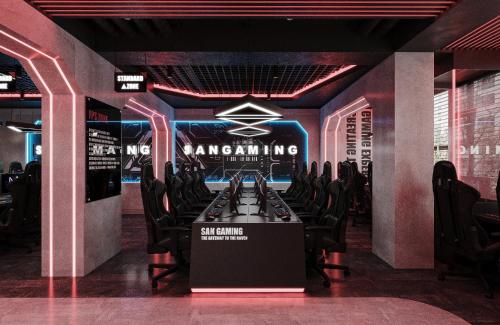 a dining room with a table and chairs in a room at San Hanoi Hotel & Gaming in Hanoi