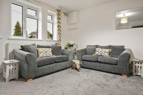 a living room with two couches and a dog in it at North Lincs Cosy Home in Messingham