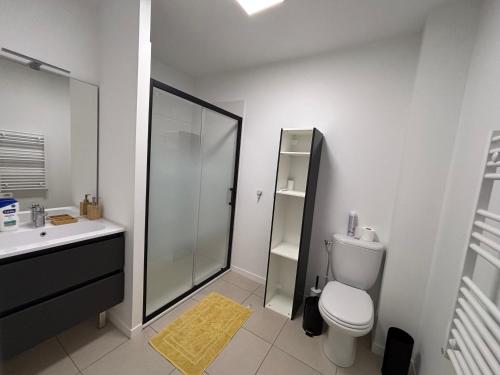 a bathroom with a shower and a toilet and a sink at Appartement neuf in Linxe