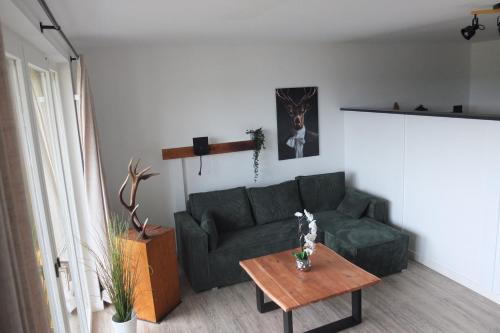 a living room with a green couch and a table at FEWO Bad Laasphe in Bad Laasphe