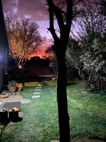 a tree in a yard with a sunset in the background at Savanna Villas in Windhoek