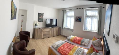 a living room with a bed and a tv at Ferienwohnung für Alt und Jung in Sonneberg