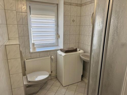 a small bathroom with a toilet and a sink at Ferienhaus "Anita" in Eisleben mit 3 Schlafzimmern in Lutherstadt Eisleben