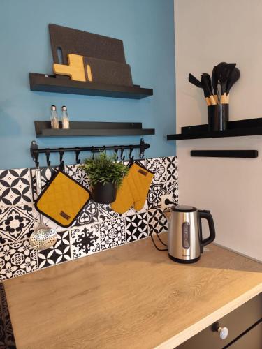 a kitchen with a counter top with tiles on the wall at Appartement 2 Ch Zegerscappel in Zeggers-Cappel