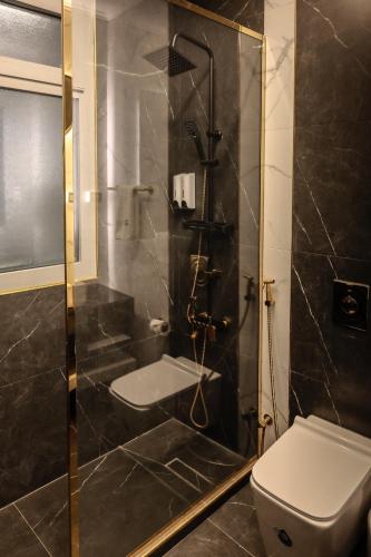 a bathroom with a shower and a toilet at Palazzo hotel in Kuwait