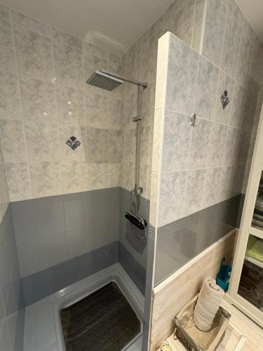 a shower with a glass door in a bathroom at Chambres d'Hôtes Villa Aquitaine in Bretagne-de-Marsan