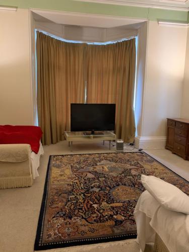 a living room with a television and a large rug at The Old Vicarage in South Norwood