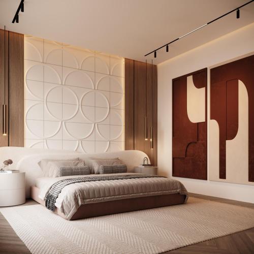 a bedroom with a bed and a large wall at Hathor Dahabiya Cruise in Aswan