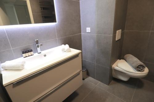 a bathroom with a sink and a toilet and a mirror at Sun Paradise SeaView&Terrace Parking&Pool in Beausoleil