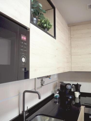 a kitchen with a sink and a microwave at Apartamentos Laurel in Logroño