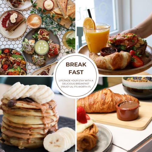 a collage of pictures of breakfast foods and drinks at City Center Stay Fast Wi-fi, Designer Bathroom in Tilburg