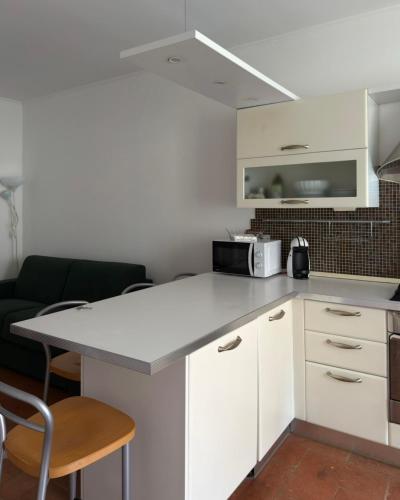 a kitchen with a white counter and a microwave at La petite Crema in Crema