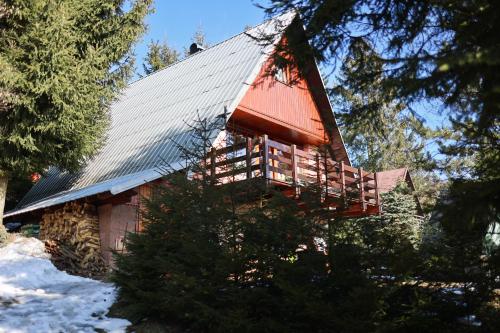 a cabin with a red roof in the snow at Chalupa Baronka in Čenkovice