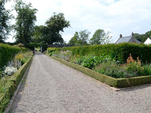 a garden with a gravel road with flowers and bushes at The Garden Rooms in Montrose