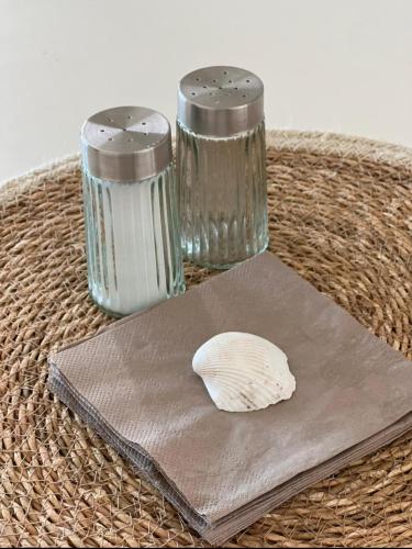 a table with two salt and a shell on a tray at Relax with a pool and sauna in Trave Kieker 005! in Rönnau