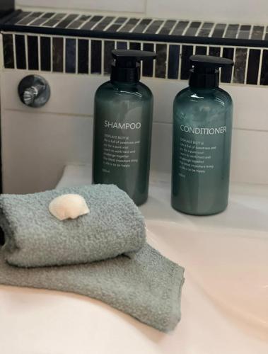 two bottles of shampoo and a towel on a counter at Erholung im Trave Kieker 004 mit Pool und Sauna in Lübeck
