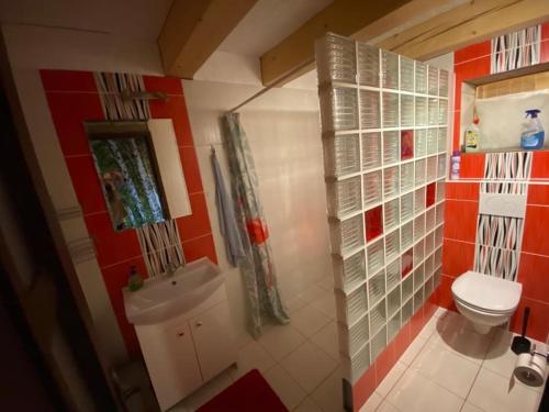 a small bathroom with a toilet and a sink at Chata u Strýčka in Dolný Kubín