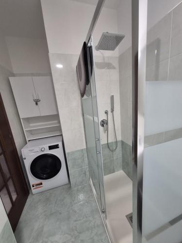 a bathroom with a washing machine and a shower at Fantastic Apartmet Carignano-BORGO MERCATO MONCALIERI in Moncalieri