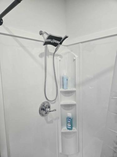 eine Dusche mit Duschkopf in einem Badezimmer in der Unterkunft Nomad Pad in Detroit