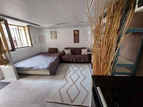 a bedroom with a bed and a couch in it at Chambre-coin repas, sous terrasse, Proche gare in Franconville