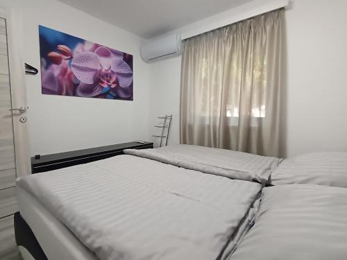 a bedroom with two beds and a window at Grand Alba apartman Mezőkövesd Zsóry in Mezőkövesd