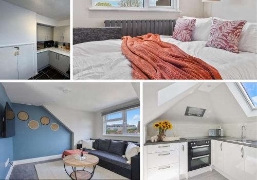 a collage of photos of a bedroom and a kitchen at Stylish 1BR Apartment Wembley Stadium Sleeps 4 in London