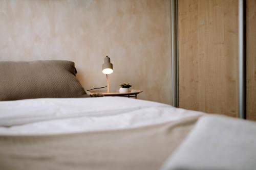 a bedroom with a bed and a lamp on a table at Villa KESTA, centrum, free parking in Martin