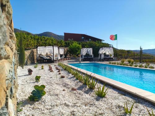 a swimming pool with plants next to a resort at Wine House - Quinta Vale de Carvalho in Torre de Moncorvo